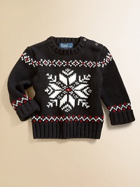 An intarsia-knit snowflake design adorns this timeless crewneck sweater for heritage style.Ribbed crewneckLong sleeves with turn-back cuffsShoulder buttonsCottonMachine washImported Please note: Number of buttons may vary depending on size ordered. 