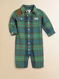 Taking a cue from classic button-front shirts, this adorable coverall boasts a preppy suede patch, button cuffs and a traditional plaid pattern.Point collarLong sleeves with single-button cuffsButton-frontButton-flap chest pocketsBottom snapsCottonHand washImported Please note: Number of snaps/buttons may vary depending on size ordered. 