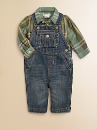 This essential, classic set pairs a durable, versatile denim overall with a preppy plaid button-down. Shirt Straight point collarLong sleeves with barrel cuffsButton-frontTwo button patch pocket Overall Shoulder strapsAdjustable snapsSnap sidesAngled hand pocketsSnap-flap coin pocketBack patch pocketsCottonMachine washImported Please note: Number of buttons/snaps may vary depending on size ordered. 