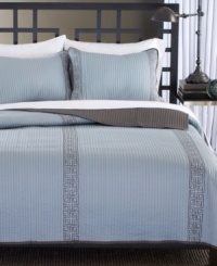 The rich look of Grecian-inspired embroidery lines the Chelsea quilted sham with detailed precision. A coordinating gray ground creates a serene effect in sumptuous linear quilting.