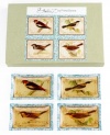 Naturalist prints tell the story of four feathered friends on the British Birds dishes. Vintage styling and watercolor trim add to the glassware's antique sensibility. With a coordinating box to treat outdoorsy entertainers. (Clearance)