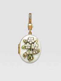 Pearl-look CRYSTALLIZED - Swarovski Elements sparkle on this handcrafted, hand-enameled birthstone locket that opens to hold a favorite photo. Crystal Enamel 18k goldplated brass & brass-plated pewter Month indicated on the back Length, about 1¼ Width, about 1 Spring clip clasp Made in USA