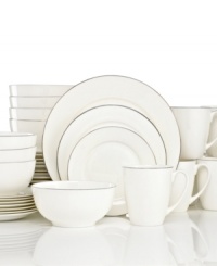 The epitome of timeless grace, Gorham's Breckenridge dinnerware set combines timeless silhouettes, white china and sumptuous platinum. Place settings for eight complement any setting for effortless polish.