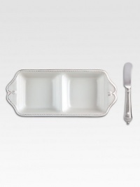 Juliska's signature thread and berry motif lends an elegant touch to this two-sectioned server and coordinating stainless steel spreader.Comes in a gift-boxed setStoneware ceramicDishwasher safe10.5 X 4.5 X 2Imported