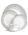 To entertain with grace and style, look no further than the Bellina 5-piece place settings from Lenox's dinnerware and dishes collection. Elegant bone china with a delicate floral design and textured white beads is finished with platinum trim.