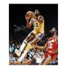 Magic Johnson Autographed Picture - Yellow Jersey In Air vs Houston Vertical 16x20 - Autographed NBA Photos