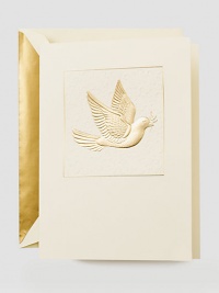 A hand engraved honey-gold dove offering up a sprig of holly in its beak is a perfectly elegant way to wish loved ones peaceful tidings. Inside reads Peace on Earth today & always engraved in gold. Set of 10 cards5.5 X 7.38Made in USA