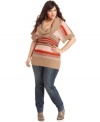 Rock on-trend style with Planet Gold's striped plus size sweater, accented by a belted waist.