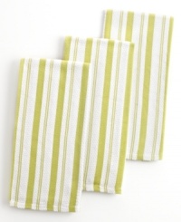 Line up. Increase the charm in your kitchen with these versatile, statement-making striped towels. Made from a super absorbent textured basketweave cotton in a cool green hue, these towels are a fun addition to a busy space.