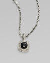 From the Petite Albion Collection. A sparkling, faceted black onyx cushion-cut square, surrounded by pavé diamonds on a chain of sterling silver. Diamonds, 0.20 tcw Black onyx Sterling silver Chain length, about 16 Pendant width, about ¼ Lobster clasp Imported