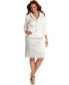 Perfect for summer occasions, Tahari by ASL's plus size skirt suit matches an elegant lace pencil skirt with a tailored jacket. Feminine bows at the collar finish the look.