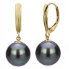 14k Yellow Gold 9-10mm Perfect Round Black Cultured Freshwater Pearl High Luster, Leverback Earring. Include Gift Box with Ribbon. Perfect for All Occasions.