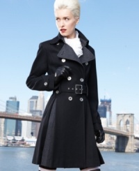 The subtlest colorblocking (black-to-charcoal grey) adds a sophisticated twist to Landry's wool-blend trench coat. Military-inspired styling gives this topper a structured silhouette.