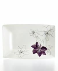 Hand-painted purple and white flowers sprawl across this rectangular platter, giving your tabletop a contemporary garden vibe. In glazed earthenware, the Anna Plum set from the Laurie Gates collection of dinnerware and dishes is an easy way to spruce up your decor for small gatherings or quiet nights at home.