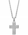 A true expression of faith. This symbolic men's style adds a little shine with the addition of round-cut diamonds (1/3 ct. t.w.) and a trendy, stainless steel setting. Approximate length: 22 inches. Approximate drop: 1-1/4 inches.