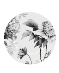 Subdued in shades of gray, the vivacious florals of Moonlit Garden dinnerware cover this sleek white accent plate with modern romance. In durable Lenox porcelain.