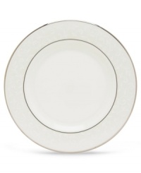 Pure opulence. Posh opalescence. This classically designed line of Lenox dinnerware and dishes is accented by a platinum rim and a delicate flourish of vine-like, white-on-white imprints with raised, iridescent enamel dots. Great gift for housewarming, wedding or yourself.