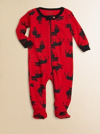 For your little adventurer, a trip to the northern wilderness with this bold, bright moose print to keep your little one cozy.Ribbed crewneckSnap neck tabFront and leg zipperLong sleeves with contrast ribbed cuffsFeet with non-slip dots on solesCottonMachine washImported