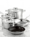 Everything you need to make any meal possible. This stainless steel cookware set from Le Creuset is fully stocked for culinary creativity, complete with an efficient tri-ply design and pure aluminum core that captures heat and distributes it evenly throughout. Lifetime warranty.