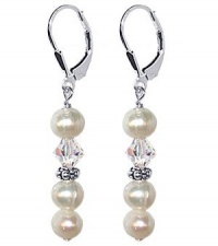 SCER086 Sterling Silver Leverback Dangle Earrings Made with Swarovski Elements 6mm Cultured Freshwater Pearl and Clear Crystal