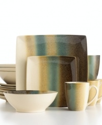 Bands of teal separate warm earth tones on the contemporary-cool Nouveau dinnerware set by Sango. Featuring square plates with round accessories, all in dishwasher-safe stoneware.