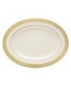 A classic hand crafted collection from Lenox, this Westchester oval platter brings distinctive beauty to the table, featuring sturdy bone china and exquisitely etched gold borders for a lustrous glow.