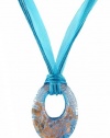 Necklace - N117 - Murano Style Glass - Open Oval Shape ~ Aqua, Copper and Silver hung on 5 Strand Organza and Cotton Cord + 2 Extension Chain