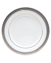 The unparalleled style of Noritake china has been gracefully setting tables for more than ninety years. The formal Crestwood Platinum dinnerware and dishes collection features crisp white china embellished with a shimmering border of interlocking scrolled leaves and an edge of polished platinum. Item not shown.