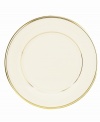 Forever elegant, the Eternal salad plate from Lenox accents the table in timeless ivory china with sumptuous gold banding. Coordinates with Eternal Gold stemware.