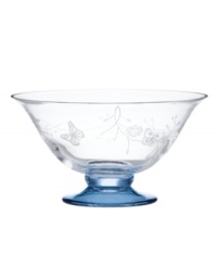 Etched with butterflies and blooms, this Butterfly Meadow bowl by Lenox gives casual settings a whimsical lift. A tinted blue pedestal adds a splash of color to luminous crystal.