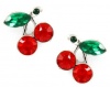 Small Silver Plated Red and Green Crystal Juicy Cherry Charm Stud Earrings