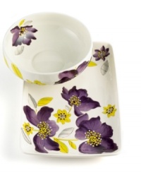 A bouquet of color from Laurie Gates, the Anna Lily completer set blooms in rich violet and bright, sunny yellow. Hand-painted blossoms take root in a round serving bowl and rectangular platter for casual meals and entertaining. (Clearance)