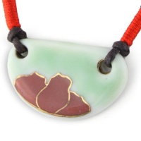 Pastel Red And Aqua Green Painted Lotus Flower Ceramic Pendant With Coco Brown Adjustable Necklace And Ruby Red Ribbon Detail