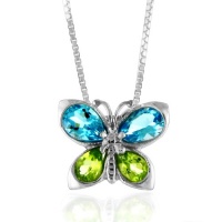 Blue Topaz and Peridot Butterfly Pendant in Sterling Silver with 18 Box Chain