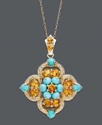 Turn heads with this bold pendant in a summery splash of color. Crafted in 14k gold, this intricate diamond-shaped pendant features round-cut turquoise (1-1/5 ct. t.w.) and round-cut citrine (5/8 ct. t.w.) for a bright and bold mix. Approximate length: 18 inches. Approximate drop: 1 inch.