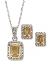 Brighten your day with sunshine-inspired hues. Victoria Townsend's pretty matching jewelry set features a chic, emerald-cut citrine (2-3/4 ct. t.w.) and diamond accents in sterling silver. Approximate length: 18 inches. Approximate drop (pendant) 7/8 inch. Approximate drop (earrings): 3/8 inch. Approximate width (earrings): 1/4 inch.