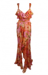 Badgley Mischka Womens Floral Print Ruffle Silk Dress