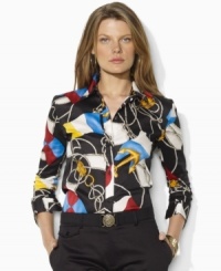 Awash in a vibrant nautical flag print, Lauren by Ralph Lauren's classic tailored shirt is crafted from silky cotton broadcloth with three-quarter sleeves for breezy style.