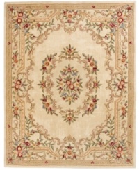 Modeled after 17th century Aubusson rugs, the Jade area rug offers a traditional floral motif in a contemporary cream and ivory colorway. Crafted of rich wool.