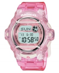 Get in the clear with this sport-ready and translucent watch from Baby-G. Clear pink resin strap and round case. Shock-resistant, digital-display dial with backlight, world time, counter, alarms, countdown, stopwatch, calendar and logo. Quartz movement. Water resistant to 200 meters. One-year limited warranty.