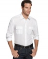 In a classic solid, this Alfani Black shirt gets a modern update with two buttoned pockets on the chest.