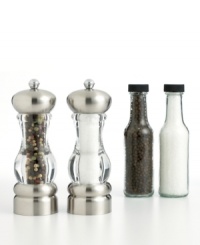 A beautiful addition to any table and an essential part of every meal, these elegantly contoured mills help you season to taste. Acrylic bodies let you see the fresh peppercorns and salt crystals, while stainless bases and grinding knobs create a wonderful tabletop display. Limited lifetime warranty.