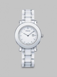 From the Fendi Ceramic Collection. A sleek ceramic design accented with a dazzling diamond dial and an useful date-function. Swiss quartz movementWater resistant to 5 ATMRound ceramic and stainless steel case, 38mm (1.5) Smooth white ceramic bezelDiamond accented white dial, .25 tcwBar hour markersDate display at 3 o'clockWhite ceramic and stainless steel link bracelet, 18mm wide (0.7)Made in Switzerland 