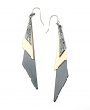 Get a rocker's edge in stellar 80s style. GUESS earrings feature sparkling crystal accents and three overlapping layers of triangles. Crafted in silver tone, gold tone, and hematite tone mixed metal. Approximate drop: 2 inches.