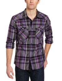 Marc Ecko Cut & Sew Men's Chambray Plaid/Solid Poplin Woven Shirt