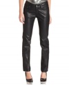 Toughen-up your ensemble with these five-pocket, faux-leather skinny pants from Jou Jou!