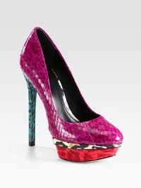 Colorblocked snakeskin pump has exotic leopard-print trim and an island platform. Self-covered heel, 5½ (140mm)Leopard-print snakeskin platform, 1 (25mm)Compares to a 4½ heel (115mm)Snakeskin upperLeather lining and solePadded insoleImportedOUR FIT MODEL RECOMMENDS ordering one half size up as this style runs small. 