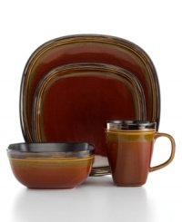 Plate it with one-of-a-kind style thanks to Gibson's Cafe Rustica dinnerware set. Reactive glaze gives distinct color and detail to squared plates, bowls and mugs with a raised edge and rich, earthy palette. Ultra-durable stoneware adds to its appeal.