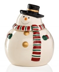 Round and irresistible, the Winter's Snowman cookie jar from Gibson depicts a snowman smiling happily after a few too many treats. A striped scarf and cartoonish face add to his whimsical appeal.