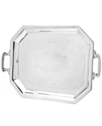 With lavishly engraved florals and sculpted handles, Godinger's octagonal tray can make the simplest foods look elegant. The gleam of silver plate adds a touch of luxury to any special occasion.